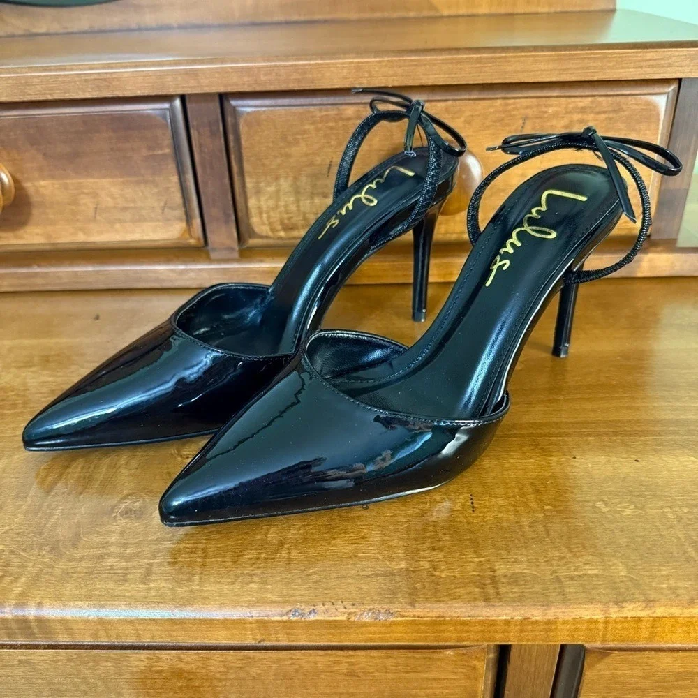 Lulu's Sagaa black patent Pointed toe sling back Heels 4 inches woman's 6.5